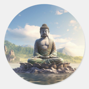 Pegatina Redonda Estatua de Buda Posición de Meditación