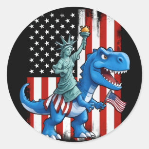Pegatina Redonda Estatua De Dinosaurios Libertad 4 De Julio Bandera