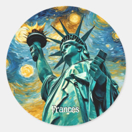 Pegatina Redonda Estatua de la Libertad Impresionismo
