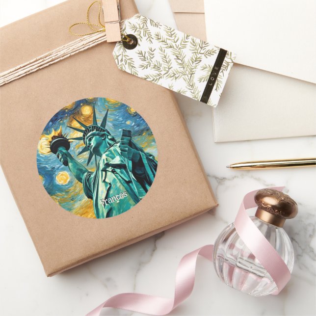 Pegatina Redonda Estatua de la Libertad Impresionismo (Regalar)