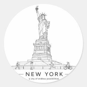 Pegatina Redonda Estatua de la Libertad Nueva York Arte de Línea
