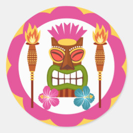 Pegatina Redonda Estatua de Tiki con antorchas