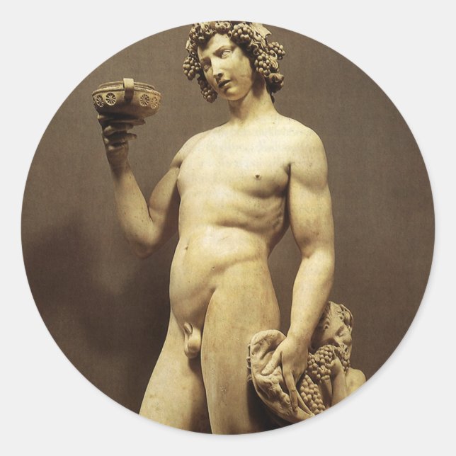 Pegatina Redonda Estatua del Renacimiento Viejo Bacchus por Michela (Anverso)