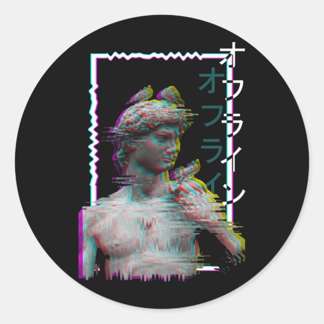 Pegatina Redonda Estatua griega Antiguo Vaporwave Synthwave Glitch (Anverso)