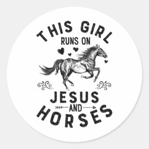 Pegatina Redonda Este Chica Corre Sobre Jesús Y Caballos Ecuestres