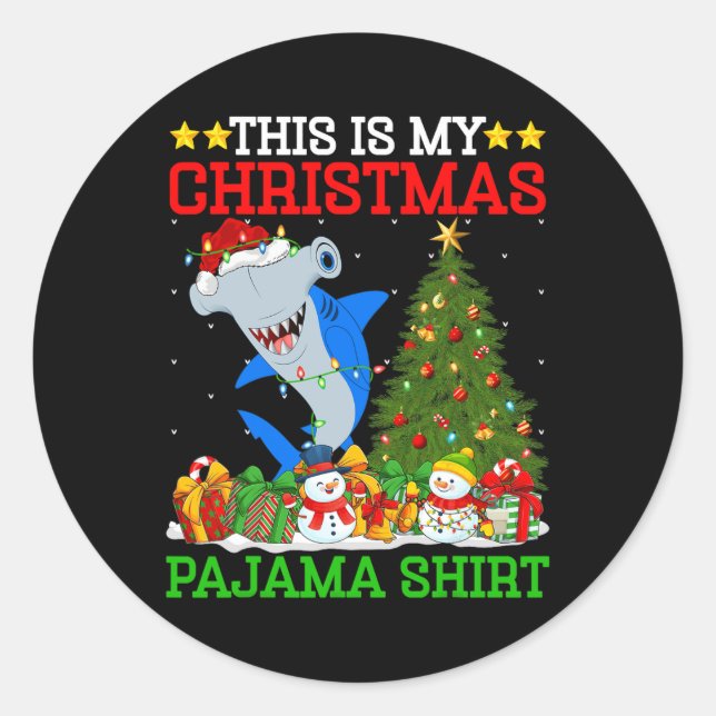 Pegatina Redonda Este Es Mi Navidad Pajamas Hammerhead Shark Chris (Anverso)