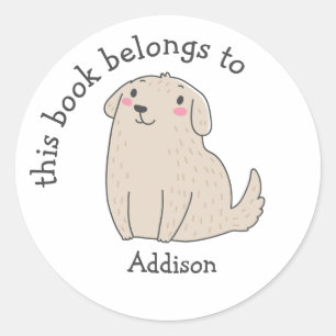 Pegatina Redonda Este Libro Pertenece A - Pequeño Perro Cuto - Niño
