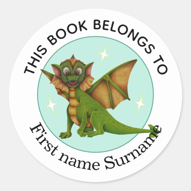 Pegatina Redonda Este libro pertenece a personalizado Dragón  (Anverso)