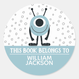 Pegatina Redonda Este libro pertenece a un monstruo divertido azul 