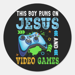 Pegatina Redonda Este Niño Corre Sobre Jesús Y Videojuegos Cristian