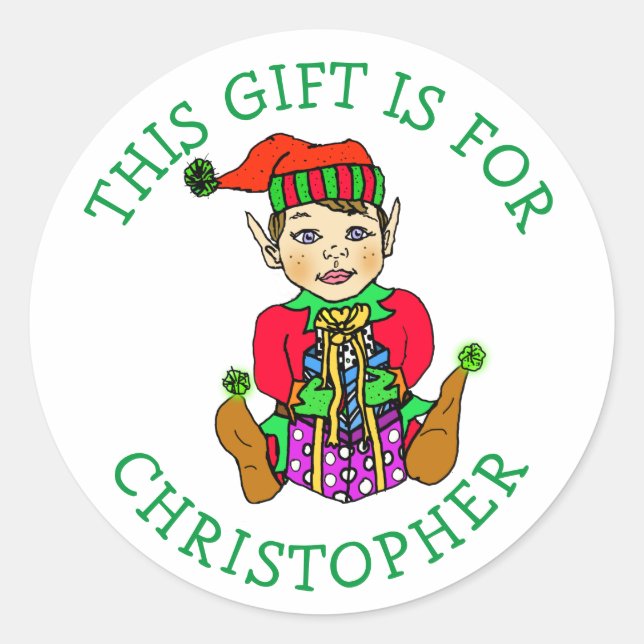 Pegatina Redonda Este regalo es para, Boy Elf con regalo (Anverso)