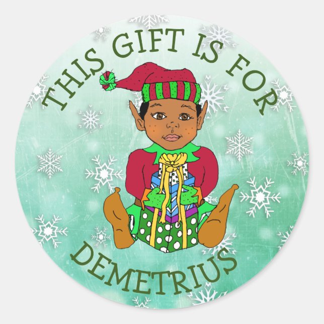 Pegatina Redonda Este regalo es para, Chica Elf con regalo (Anverso)