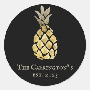 Pegatina Redonda Esténcil de acuarela de nombre de piña