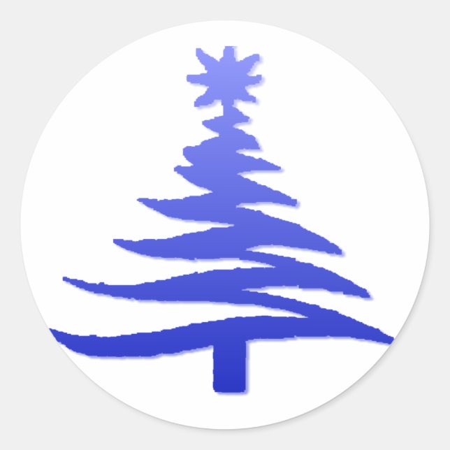 Pegatina Redonda Esténcil de árbol de navidad azul de cobalto (Anverso)