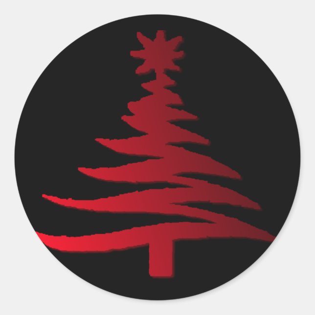 Pegatina Redonda Esténcil moderno de árbol de Navidad Imprimir rojo (Anverso)