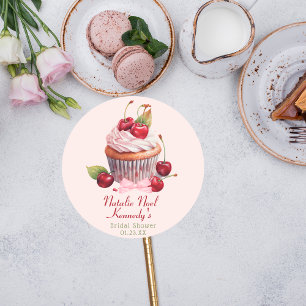 Pegatina Redonda Estética Coqueta Tarta de Cereza con Lazo Rosa Chi