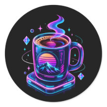 Pegatina redonda estética de taza de café neón Cyb