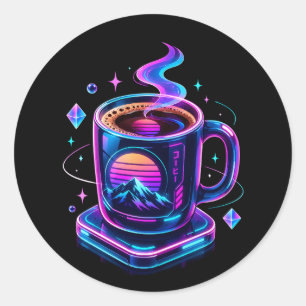 Pegatina redonda estética de taza de café neón Cyb
