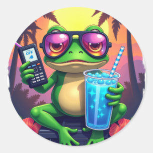 Pegatina Redonda Estética Grumpy Frog Y2K Banner Web Retro Tropica