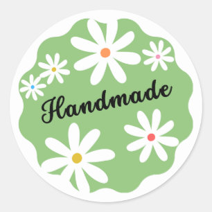 Pegatina Redonda Estética verde Minimalista Daisy Flower Handmade