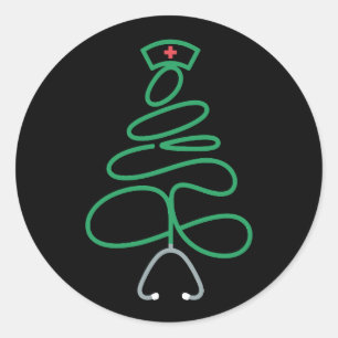 Pegatina Redonda Estetoscopio de Enfermera de Navidad Árbol Gorro d