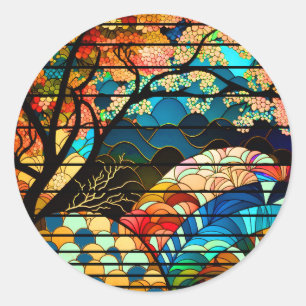 PEGATINA REDONDA ESTILO DE ARTE JAPONÉS FORESTAL MODERNO