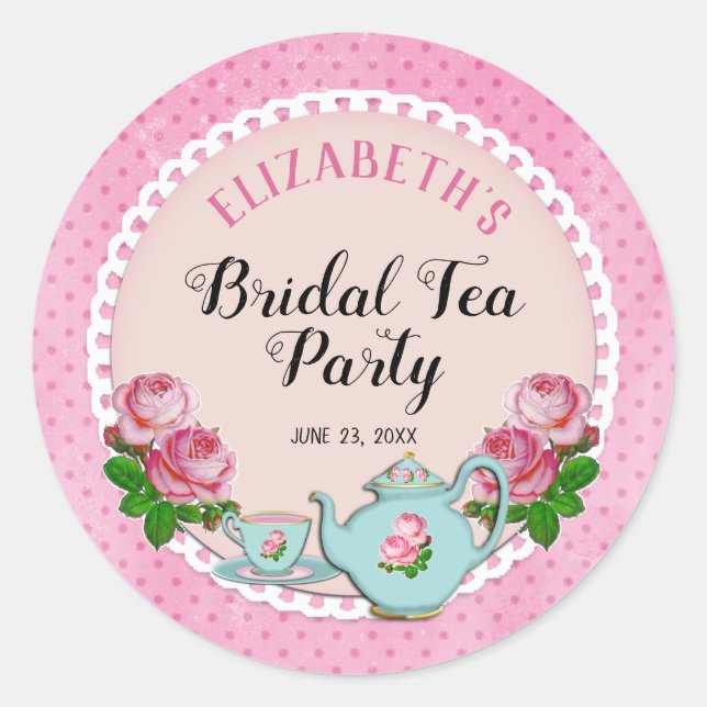 Pegatina Redonda Estilo de cabaña inglesa rosa Ducha Fiesta de té d (Anverso)