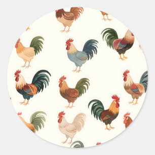 Pegatina Redonda Estilo de Casa de Campo con Patrón de Gallo Vintag