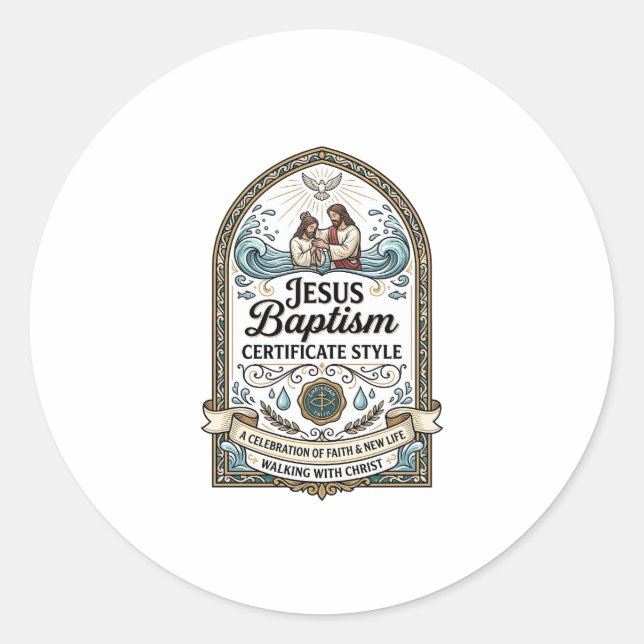Pegatina Redonda Estilo de Certificado de Bautismo de Jesús Certifi (Anverso)