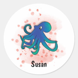 Pegatina Redonda estilo de color octopus feliz