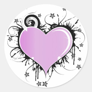 Pegatina Redonda Estilo de tatuaje del corazón púrpura con flores