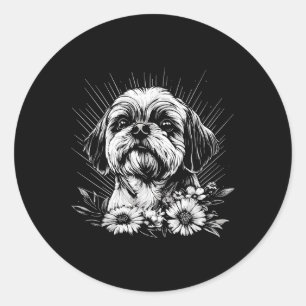Pegatina Redonda Estilo de tatuaje retro Shih Tzu Perro Lover