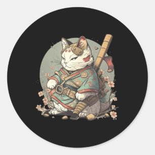 Pegatina Redonda Estilo Gato Kawaii Samurai Anime Kitten Japonés
