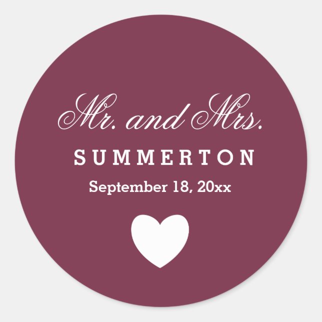 Pegatina Redonda Estilo sencillo Sr. y Sra. Boda Nombres Fecha Z01J (Anverso)