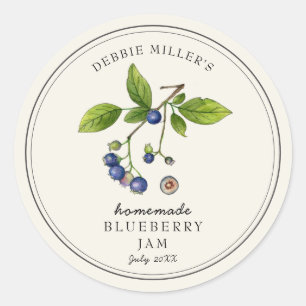 Pegatina Redonda Estilo vintage Blueberry Jam jar en blanco roto