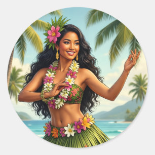 Pegatina Redonda Estilo vintage chica hula hawaiana viaje