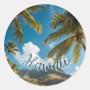 Pegatina Redonda Estilo vintage hawaiano palmeras mar azules cielo