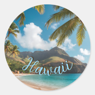 Pegatina Redonda Estilo vintage hawaiano palmeras marinas cielo azu