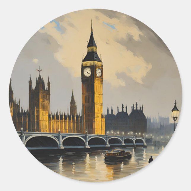 Pegatina Redonda Estilo Vintage Londres Viaje Gran Parlamento (Anverso)