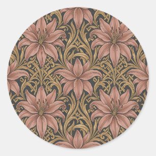 Pegatina Redonda Estilo William Morris Patrón Floral Rosa Lirio Osc