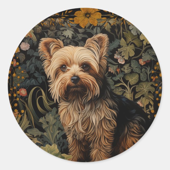 Pegatina Redonda Estilo Yorkshire Terrier Yorkie William Morris (Anverso)
