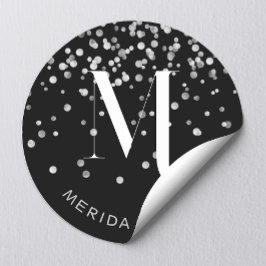 Pegatina Redonda Estiloso Glam Plata Brillo Nombre Monograma Negro