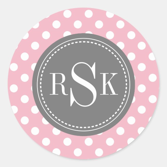 Pegatina Redonda Estiloso Monograma trío puntos rosados de polka (Anverso)