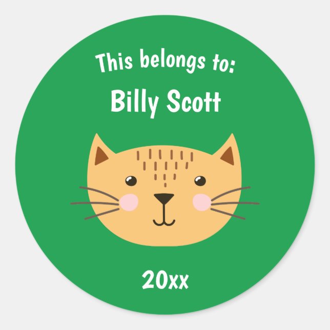 Pegatina Redonda Esto pertenece a la escuela Kitty Cat Face Grn (Anverso)