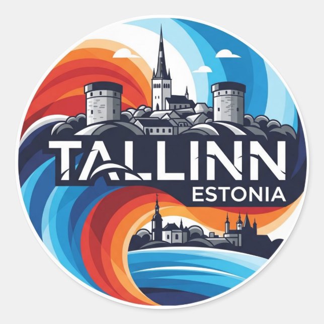 Pegatina Redonda Estonia Tallinn Travel (Anverso)