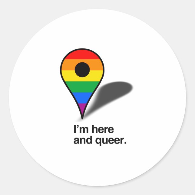 Pegatina Redonda Estoy aquí y soy queer (Anverso)