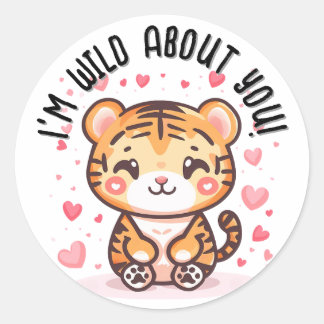 Pegatina Redonda ¡Estoy Salvaje De Ti! El día de San Valentín Tiger