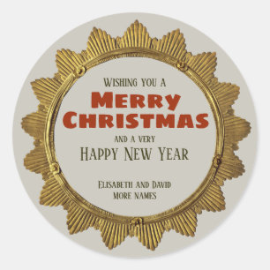 Pegatina Redonda Estrella antigua de oro de Navidad con texto de va
