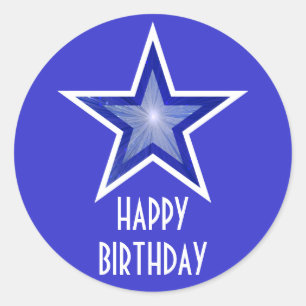 Pegatina Redonda Estrella azul oscura 'Feliz cumpleaños' azul redo
