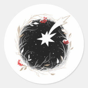 Pegatina Redonda Estrella de Berries Wreath, Navidades modernos